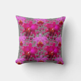 FUCHSIA-PINK PURPLE ORCHIDS GREY ART THROW PILLOW