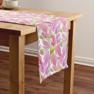 Fuchsia Pink Purple Watercolor Floral Long Table Runner