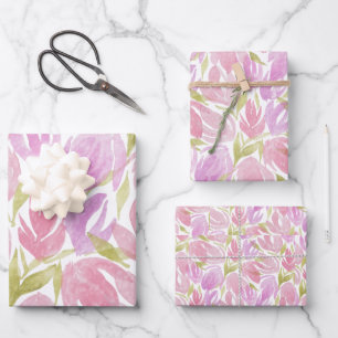 Fuchsia Pink Purple Watercolor Flowers Pattern Wrapping Paper Sheets