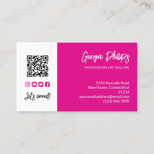 Fuchsia Pink QR Code Photo Social Media Icons Business Card