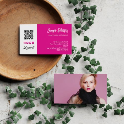 Fuchsia Pink QR Code Photo Social Media Icons Business Card