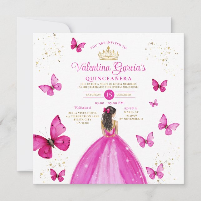 Fuchsia Pink Quinceañera 15 Anos Gold Birthday Invitation (Front)