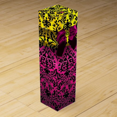 FUCHSIA PINK RIBBON BLACK GOLD ART NOUVEAU DAMASK WINE GIFT BOX