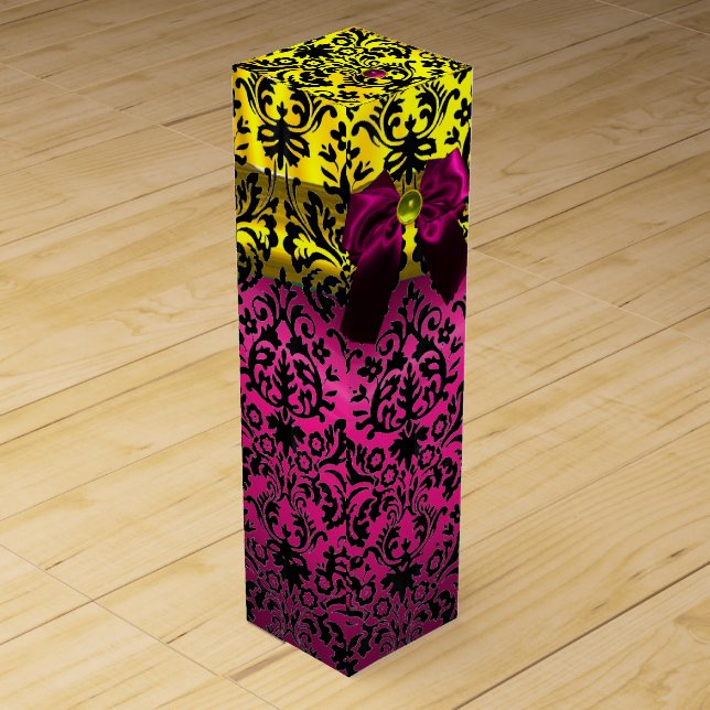 FUCHSIA PINK RIBBON, BLACK GOLD ART NOUVEAU DAMASK WINE GIFT BOX (Front)