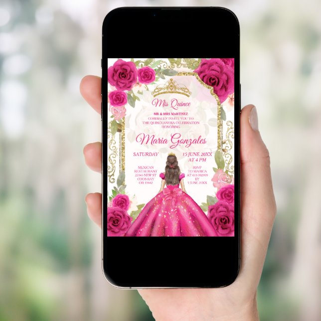 Fuchsia Pink Rose & Dress Charra Mis XV Anos Invitation (Front Digital)