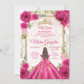 Fuchsia Pink Rose & Dress Charra Mis XV Anos Invitation | Zazzle