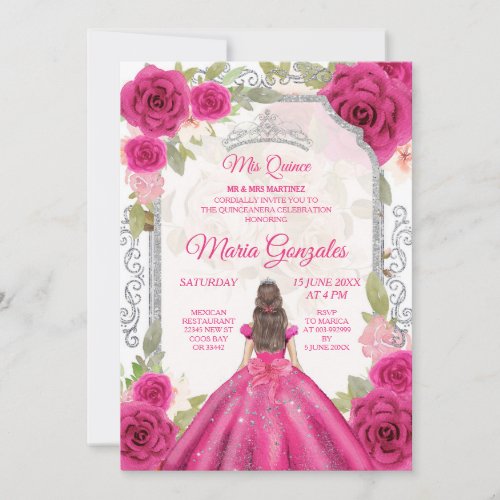 Fuchsia Pink Rose  Dress Charra Mis XV Anos Invitation