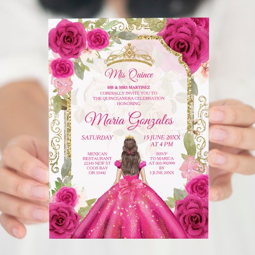 Fuchsia Pink Rose  Dress Charra Mis XV Anos Invitation