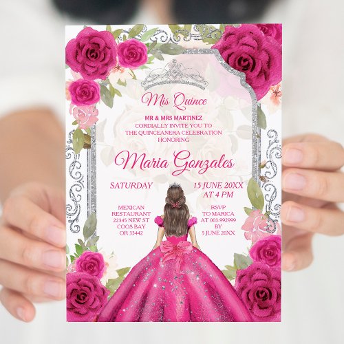 Fuchsia Pink Rose  Dress Charra Mis XV Anos Invitation