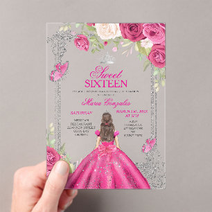 Fuchsia Pink Rose Sweet 16 Princess Invitation