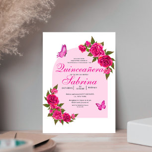 Fuchsia Pink Roses & Butterfly arch Quinceañera Invitation