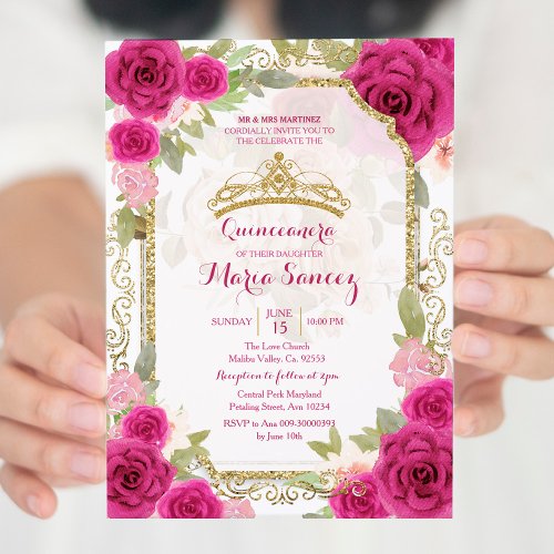 Fuchsia Pink Roses Charra Mis Quince Invitation