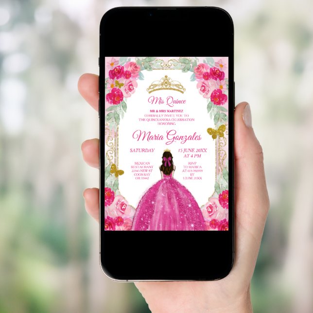 Fuchsia Pink Roses Charra Mis Quince Invitation (Front Digital)