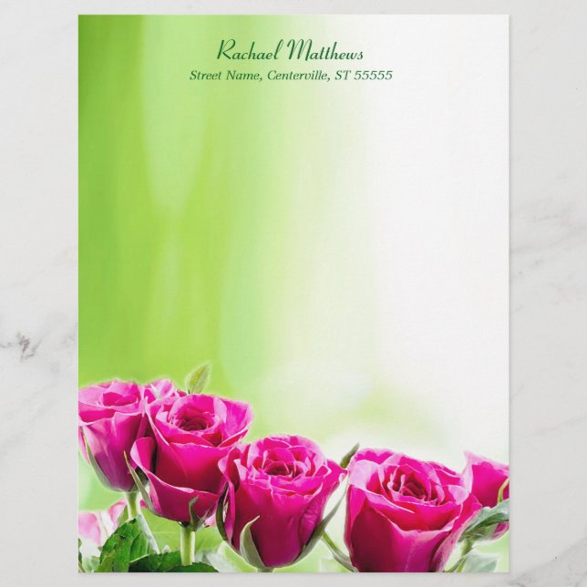 Fuchsia Pink Roses on Light Green Background Letterhead (Front)