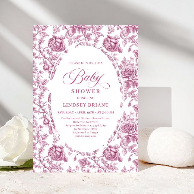 Fuchsia Pink Roses Pattern Boho Floral Baby Shower Invitation (Fuchsia Pink Roses Pattern Floral Baby Shower Invite)