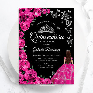 Fuchsia Pink Roses Silver Butterflies Quinceanera Invitation