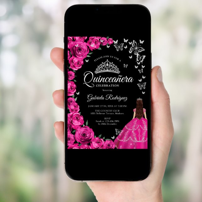 Fuchsia Pink Roses Silver Butterflies Quinceanera Invitation (Front Digital)