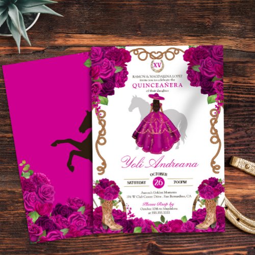 Fuchsia Pink Roses Western Charro Quinceaera Invitation