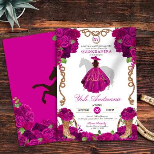 Fuchsia Pink Roses Western Charro Quinceaera V2 Invitation