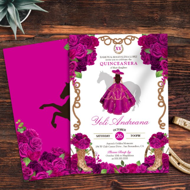 Fuchsia Pink Roses Western Charro Quinceañera V2 Invitation (Creator Uploaded)