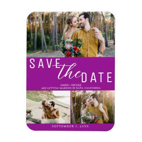 Fuchsia Pink Save the Date Wedding 3 Photos Magnet