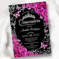 Fuchsia Pink Silver Black Roses Quinceanera