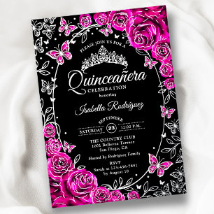 Fuchsia Pink Silver Black Roses Quinceanera Foil Invitation