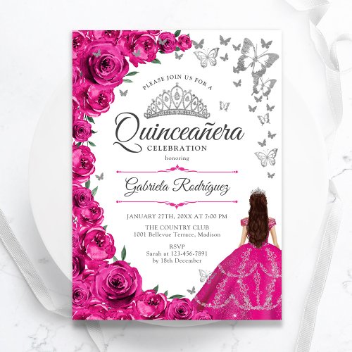 Fuchsia Pink Silver Floral Quinceanera Invitation