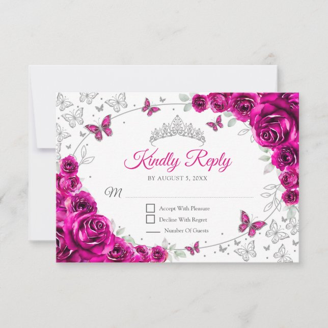 Fuchsia Pink Silver Floral Quinceanera Reply RSVP Card (Front)