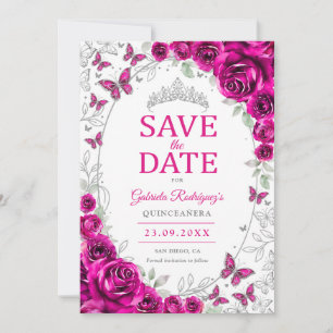 Fuchsia Pink Silver Floral Quinceanera Save The Date