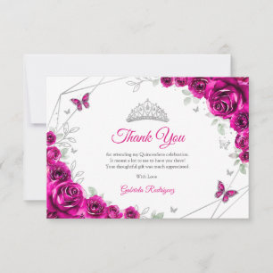 Fuchsia Pink Silver Floral Quinceanera Thank You Card