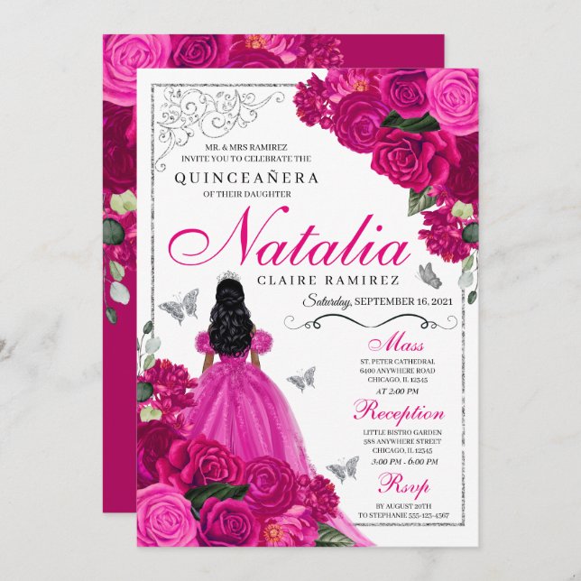 Fuchsia Pink Silver Princess Butterfly Quinceañera Invitation (Front/Back)