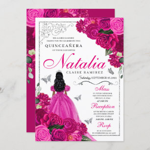 Fuchsia Pink Silver Princess Butterfly Quinceañera Invitation