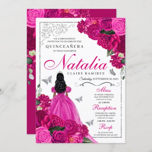 Fuchsia Pink Silver Princess Butterfly Quinceaera Invitation