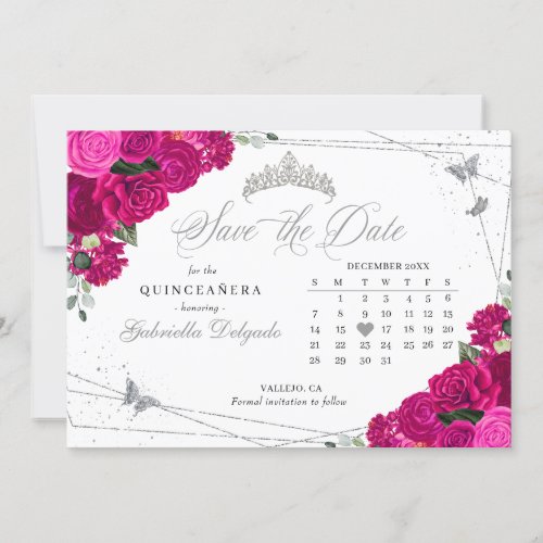 Fuchsia Pink  Silver Quinceaera Save The Date Invitation