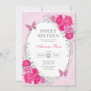 Fuchsia Pink Silver Sweet Sixteen 16th Birthday Invitation