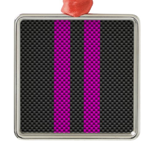 Fuchsia Pink Stripes in Carbon Fiber Style Metal Ornament