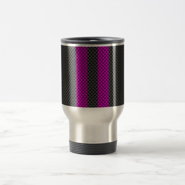 Fuchsia Pink Stripes in Carbon Fiber Style Travel Mug (Center)