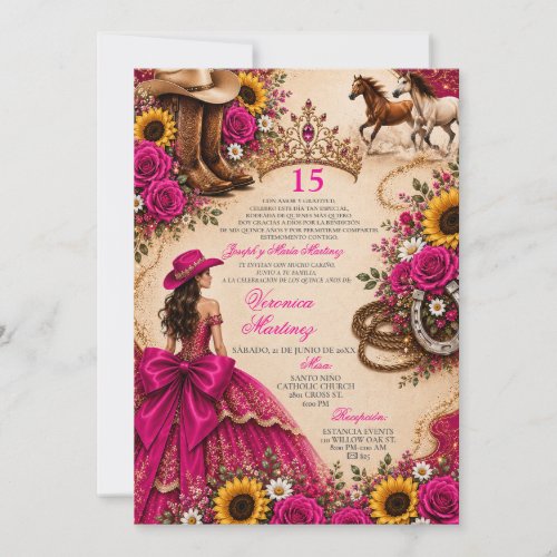 Fuchsia Pink Sunflower Rose Vaquera Quinceañera  Invitation