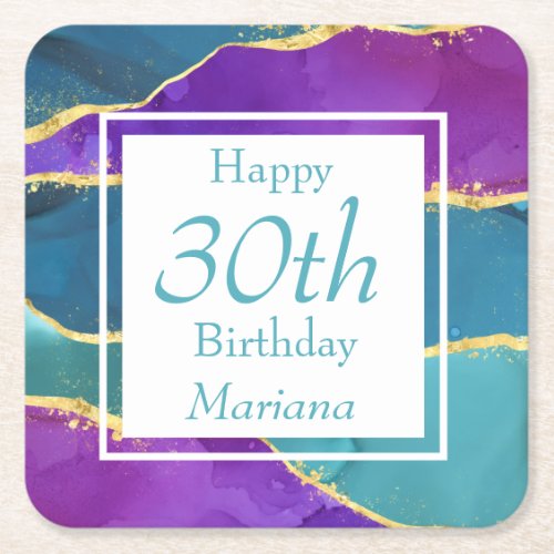 Fuchsia Pink Teal Gold Birthday Party Square Paper Coaster