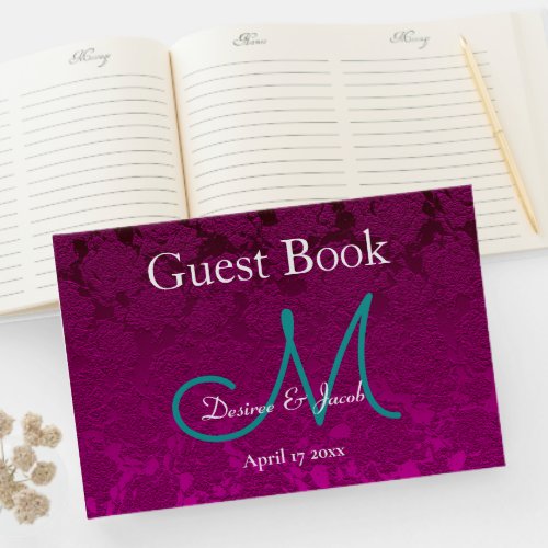 Fuchsia Pink Teal White Elegant Wedding Monogram Guest Book