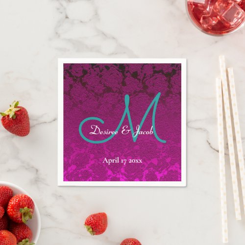 Fuchsia Pink Teal White Elegant Wedding Monogram Napkins