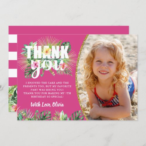 Fuchsia Pink Tropical Floral Beach Party Photo Thank You Card