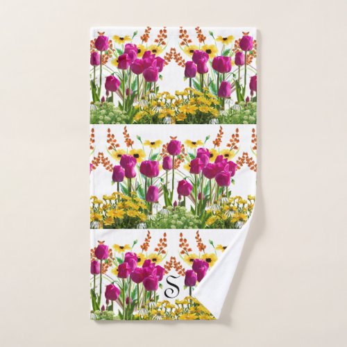 Fuchsia Pink Tulips Floral Monogram Hand Towel