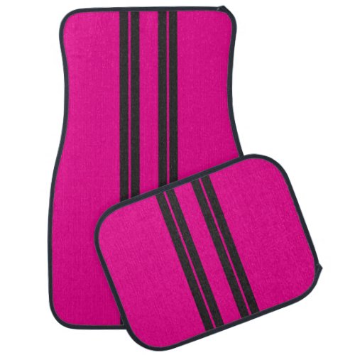 Fuchsia Pink w Black Racing Stripes Car Floor Mat