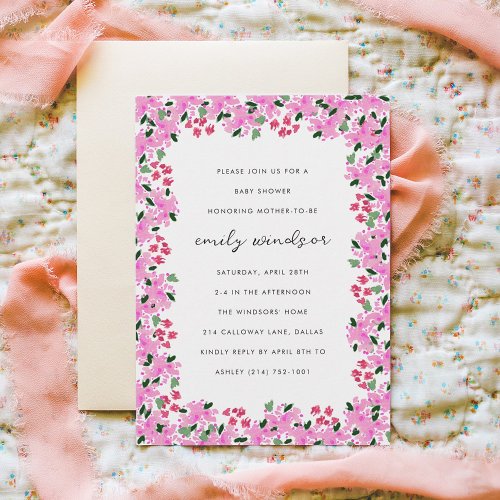 Fuchsia Pink Watercolor Floral Garden Baby Shower Invitation