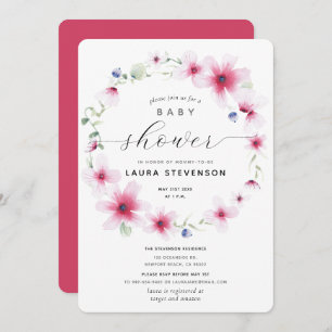 Fuchsia Pink Watercolor Floral Wreath Baby Shower Invitation