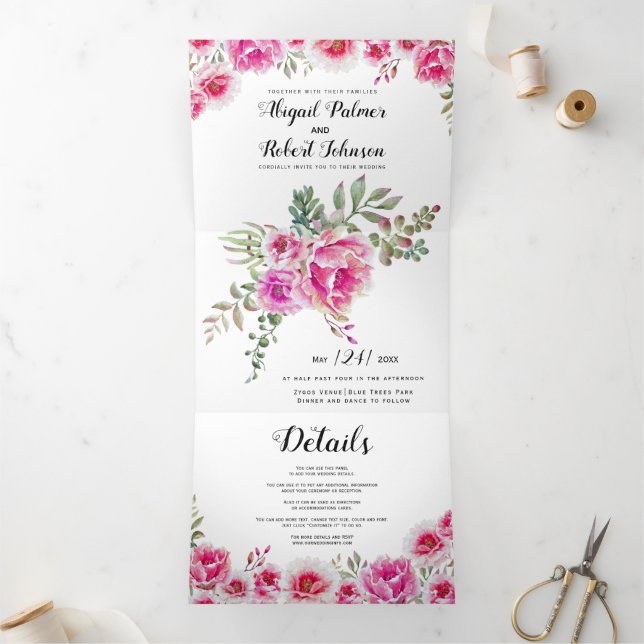 Fuchsia pink watercolor flowers wedding Tri-Fold invitation (Inside)