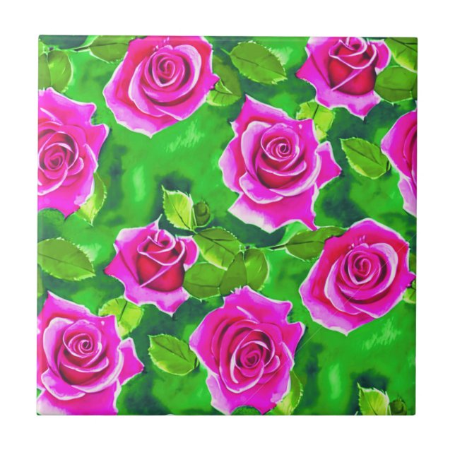 Fuchsia Pink Watercolor Rose Pattern Ceramic Tile (Front)
