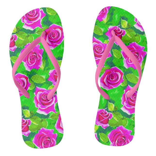 Fuchsia Pink Watercolor Rose Pattern Flip Flops (Footbed)